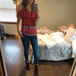 Orange floral cold shoulder top